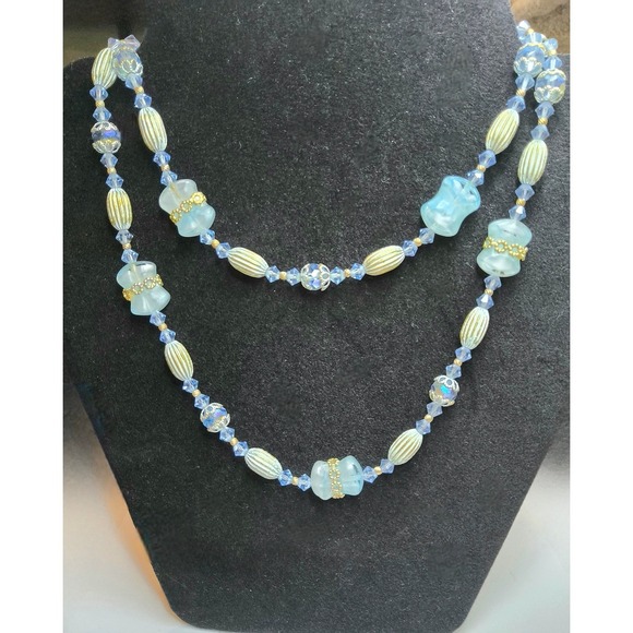 Unsigned Jewelry - Vintage Mid Century Aqua Glass & Crystal 33" Necklace